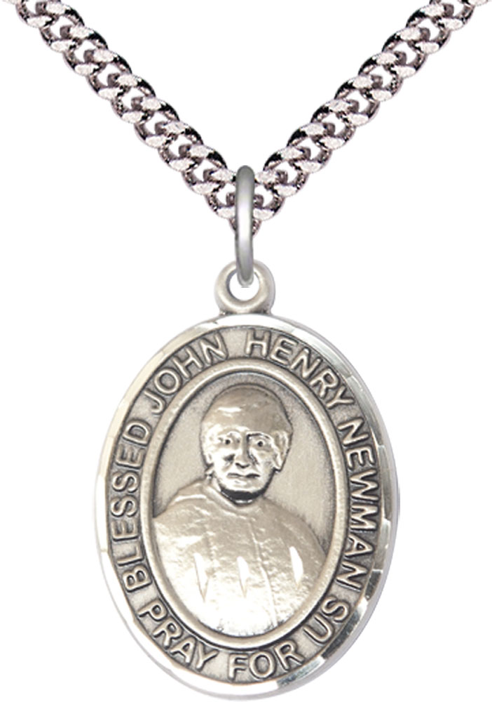 Sterling Silver Blessed John Henry Newman Pendant on a 24 inch Light Rhodium Heavy Curb chain