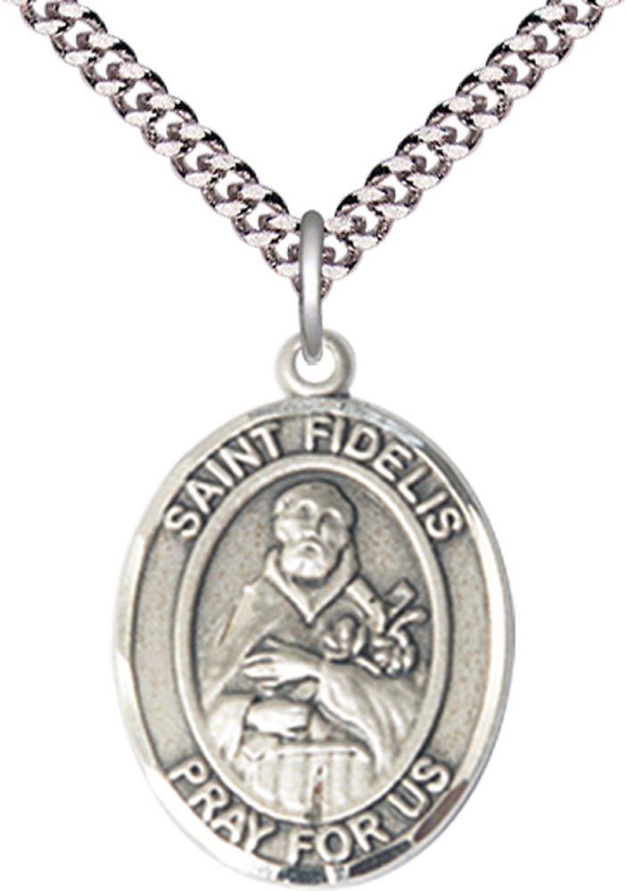 Sterling Silver Saint Fidelis Pendant on a 24 inch Light Rhodium Heavy Curb chain