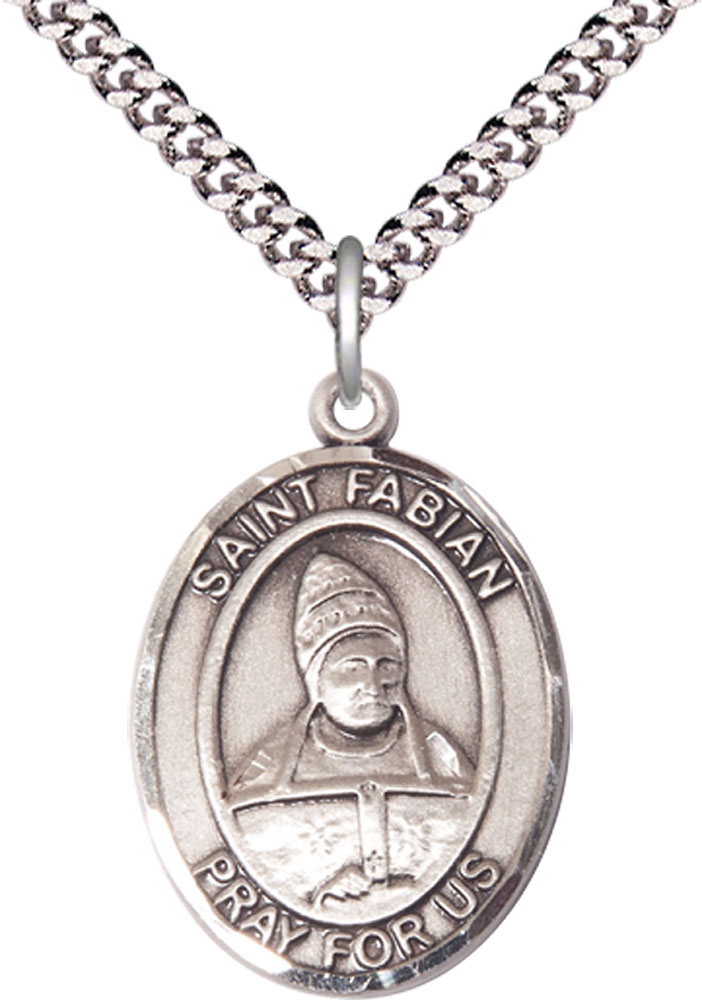 Sterling Silver Saint Fabian Pendant on a 24 inch Light Rhodium Heavy Curb chain