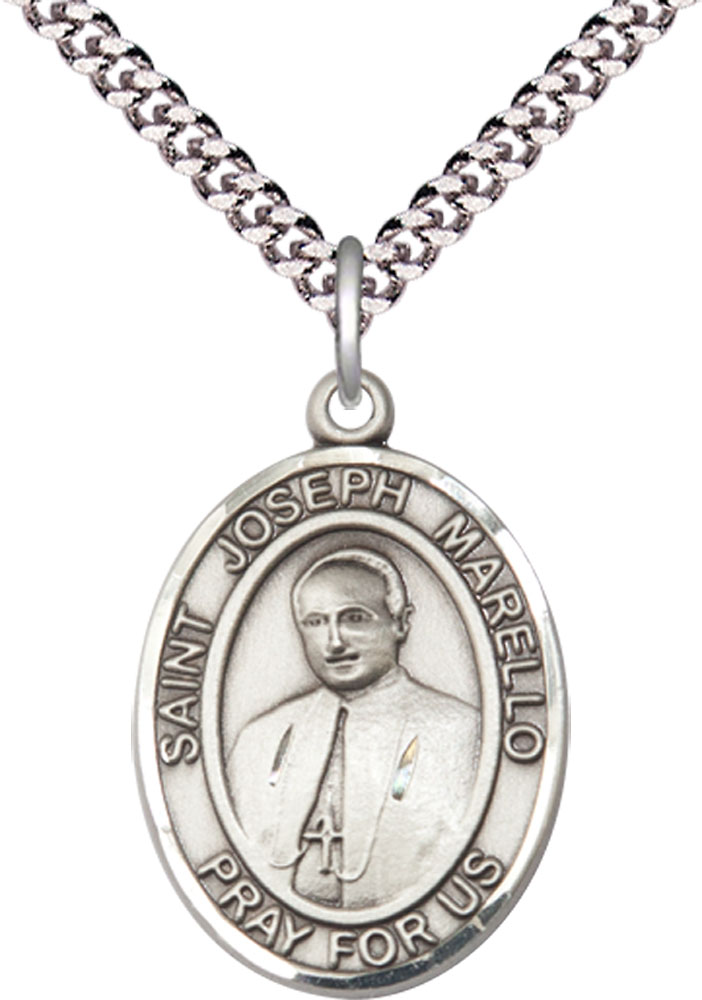 Sterling Silver Saint Joseph Marello Pendant on a 24 inch Light Rhodium Heavy Curb chain