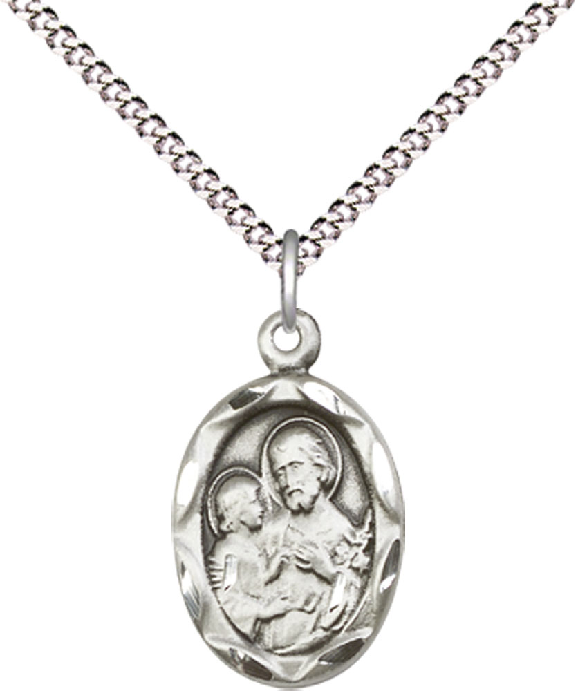 Sterling Silver Saint Joseph Pendant on a 18 inch Light Rhodium Light Curb chain