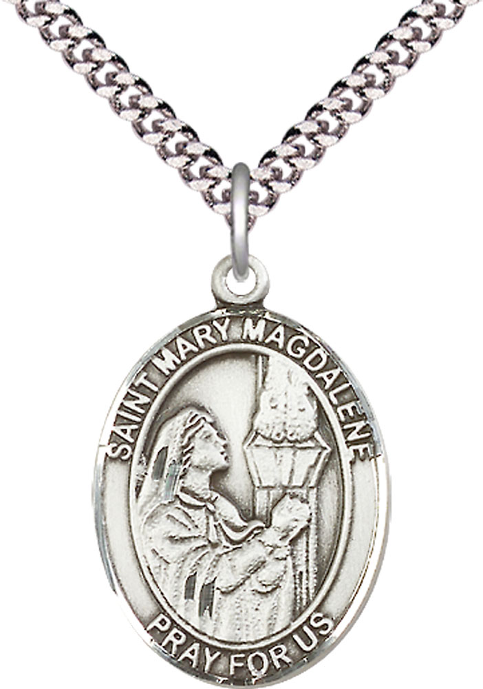 Sterling Silver Saint Mary Magdalene Pendant on a 24 inch Light Rhodium Heavy Curb chain