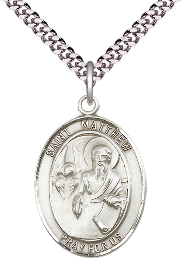 Sterling Silver Saint Matthew the Apostle Pendant on a 24 inch Light Rhodium Heavy Curb chain