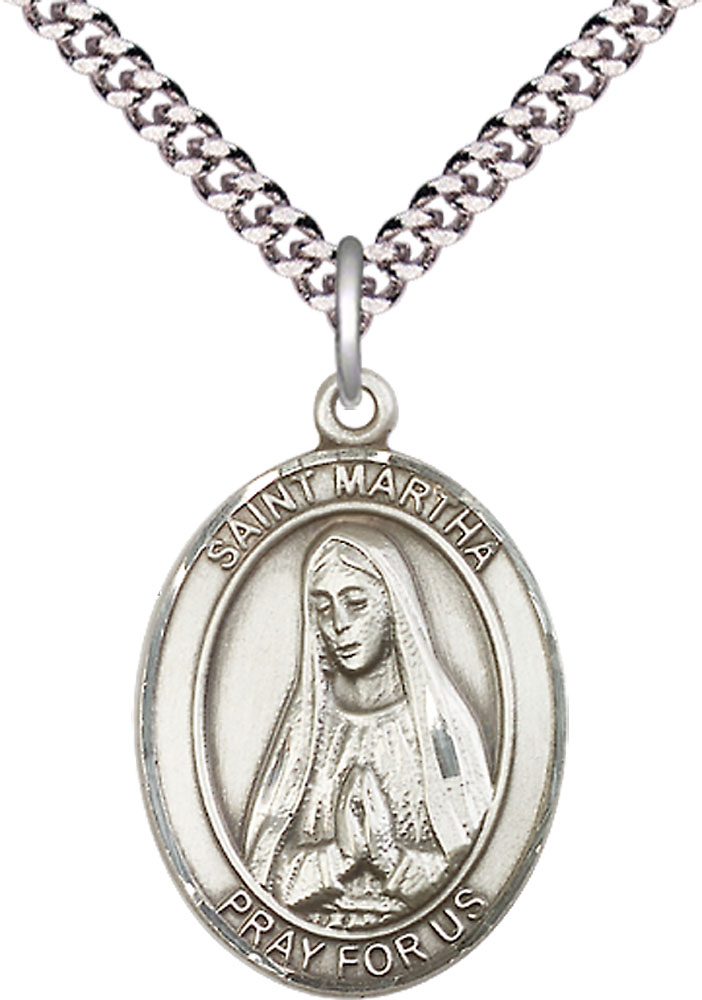 Sterling Silver Saint Martha Pendant on a 24 inch Light Rhodium Heavy Curb chain