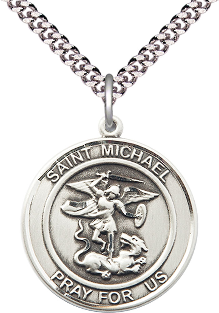 Sterling Silver Saint Michael the Archangel Pendant on a 24 inch Light Rhodium Heavy Curb chain