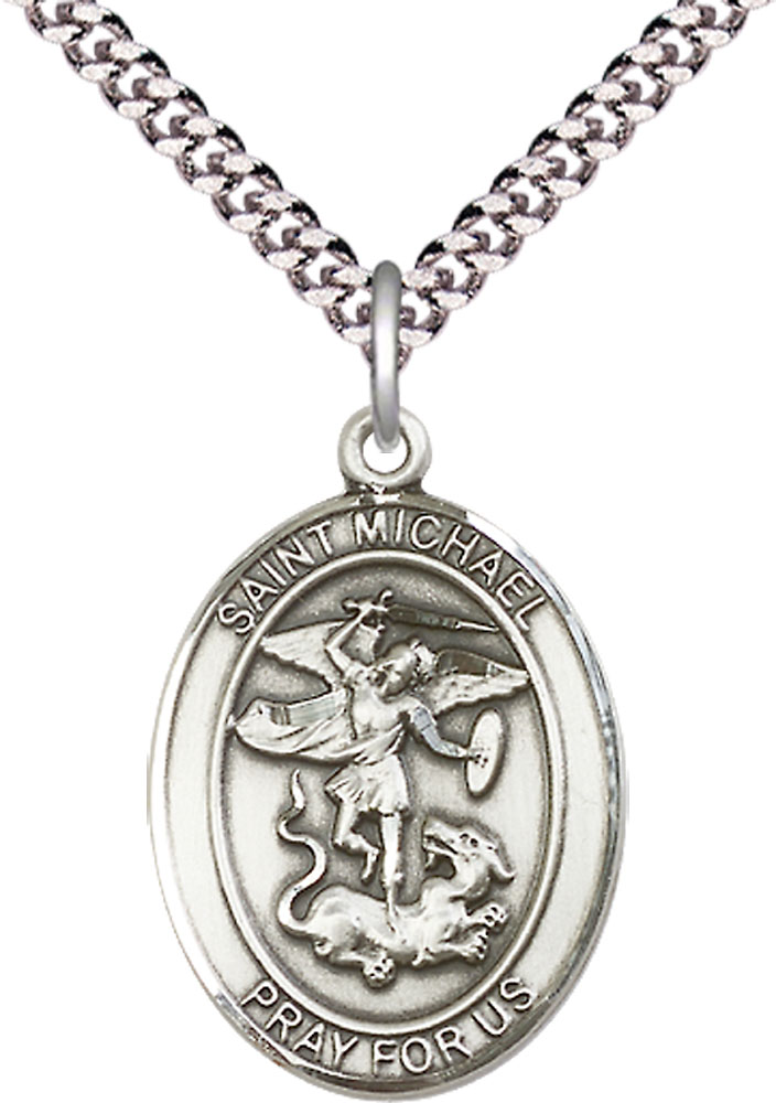 Sterling Silver Saint Michael the Archangel Pendant on a 24 inch Light Rhodium Heavy Curb chain