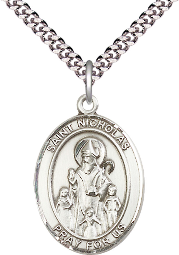 Sterling Silver Saint Nicholas Pendant on a 24 inch Light Rhodium Heavy Curb chain