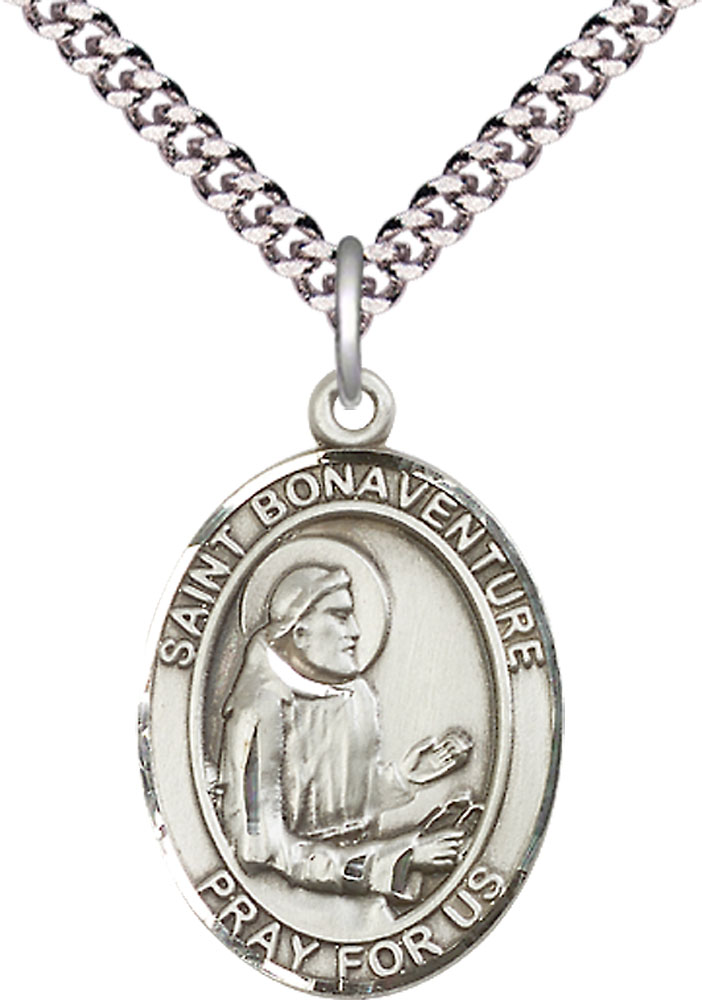 Sterling Silver Saint Bonaventure Pendant on a 24 inch Light Rhodium Heavy Curb chain