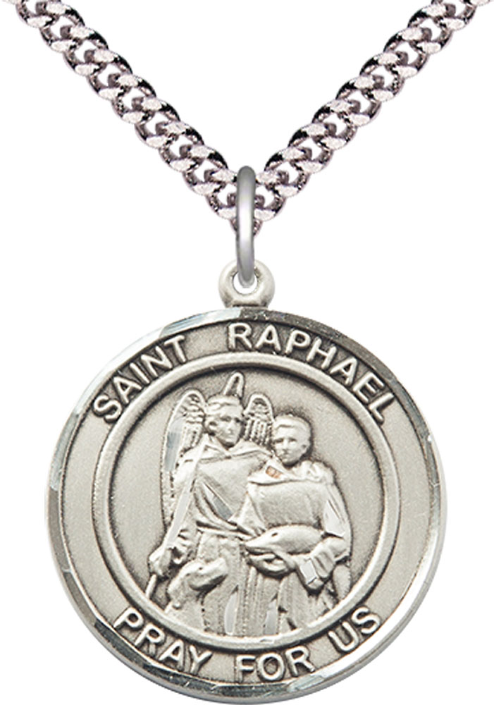 Sterling Silver Saint Raphael the Archangel Pendant on a 24 inch Light Rhodium Heavy Curb chain