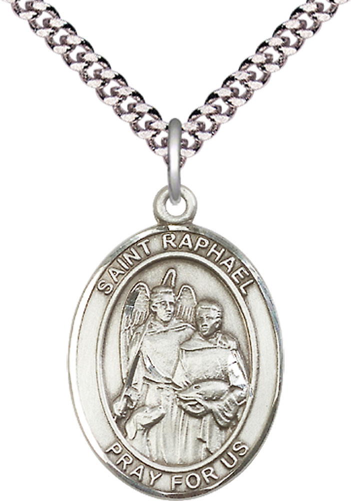 Sterling Silver Saint Raphael the Archangel Pendant on a 24 inch Light Rhodium Heavy Curb chain