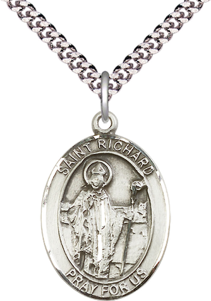 Sterling Silver Saint Richard Pendant on a 24 inch Light Rhodium Heavy Curb chain