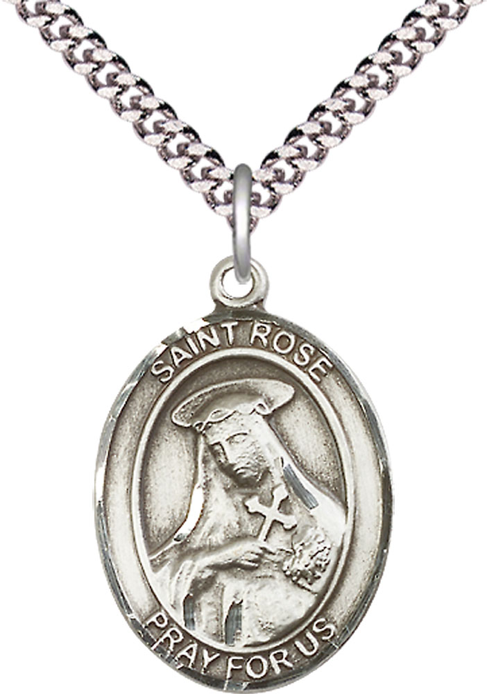 Sterling Silver Saint Rose of Lima Pendant on a 24 inch Light Rhodium Heavy Curb chain