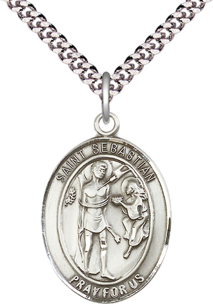 Sterling Silver Saint Sebastian Pendant on a 24 inch Light Rhodium Heavy Curb chain