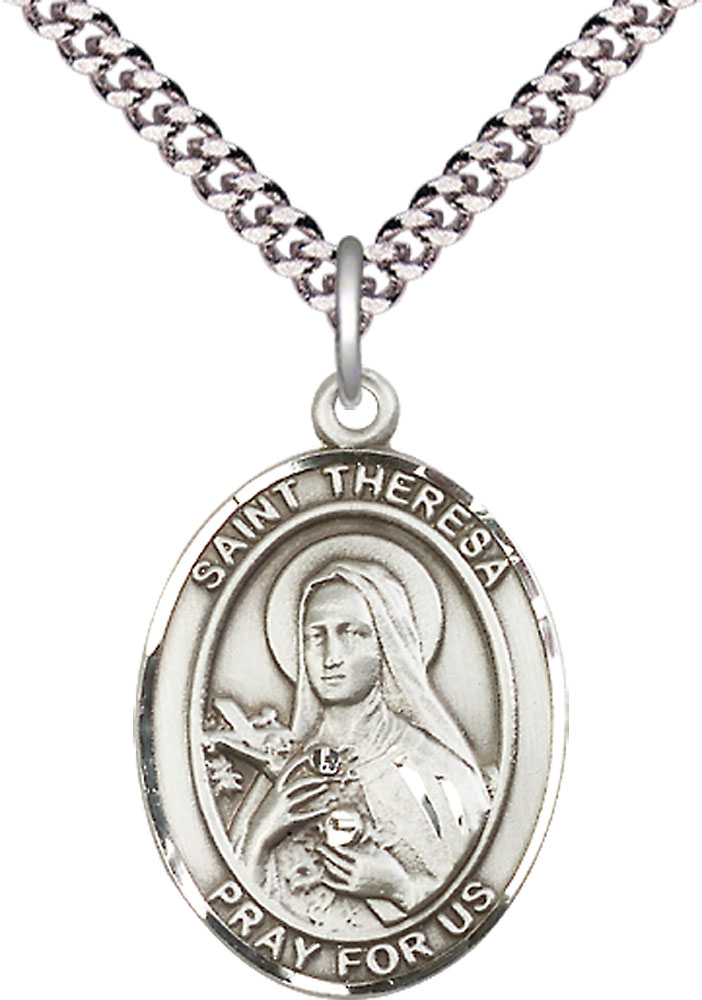 Sterling Silver Saint Theresa Pendant on a 24 inch Light Rhodium Heavy Curb chain