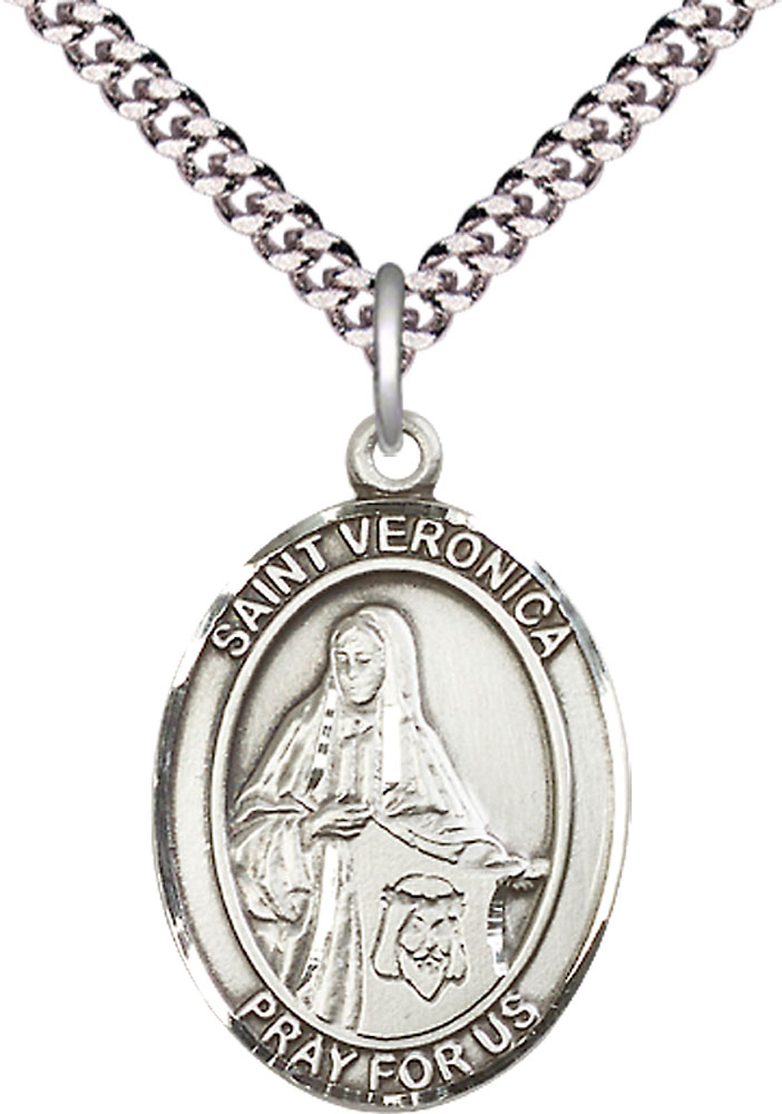 Sterling Silver Saint Veronica Pendant on a 24 inch Light Rhodium Heavy Curb chain