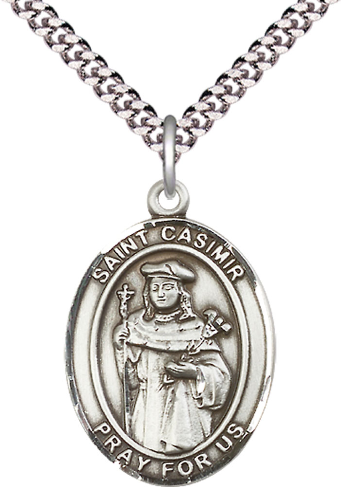 Sterling Silver Saint Casimir of Poland Pendant on a 24 inch Light Rhodium Heavy Curb chain