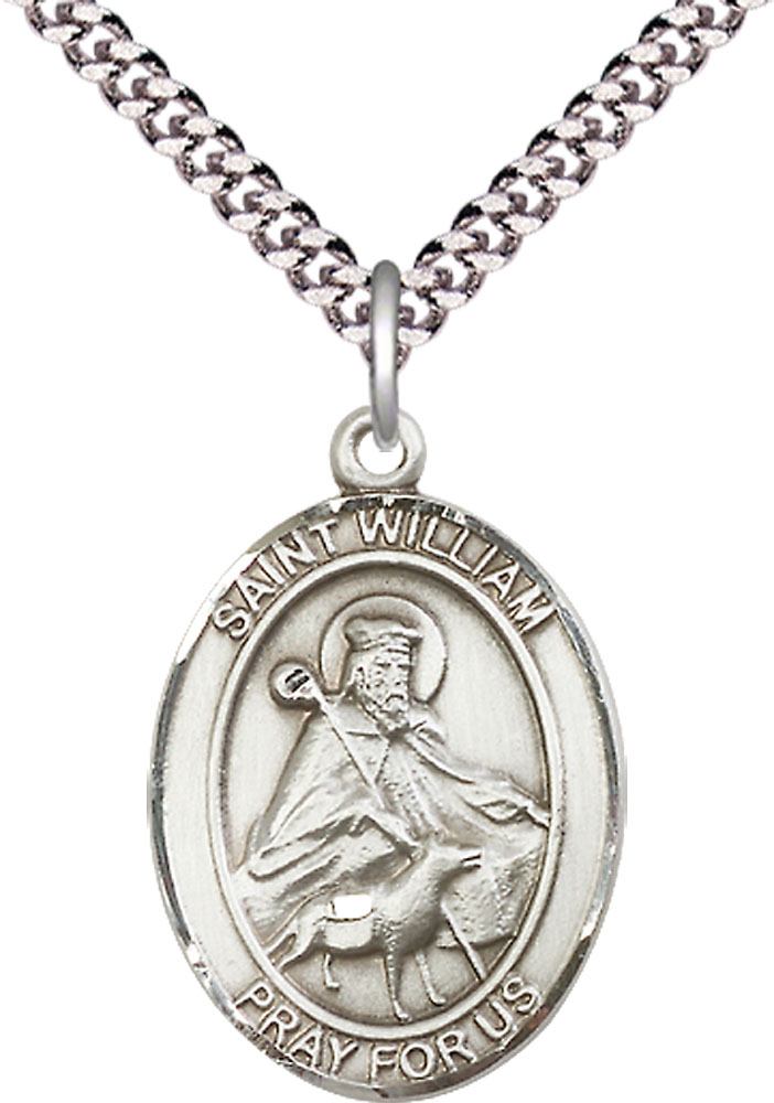 Sterling Silver Saint William of Rochester Pendant on a 24 inch Light Rhodium Heavy Curb chain
