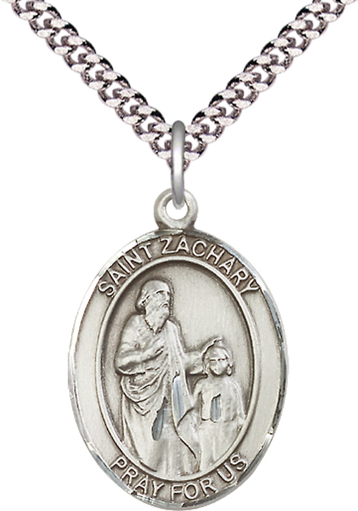 Sterling Silver Saint Zachary Pendant on a 24 inch Light Rhodium Heavy Curb chain