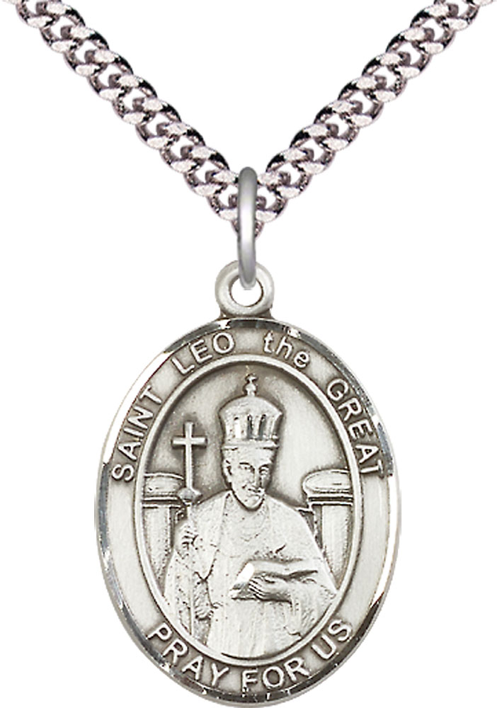 Sterling Silver Saint Leo the Great Pendant on a 24 inch Light Rhodium Heavy Curb chain