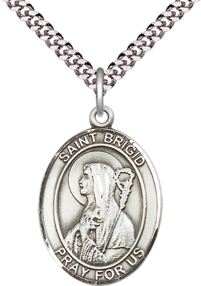 Sterling Silver Saint Brigid of Ireland Pendant on a 24 inch Light Rhodium Heavy Curb chain