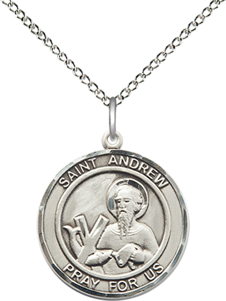 Sterling Silver Saint Andrew the Apostle Pendant on a 18 inch Sterling Silver Light Curb chain