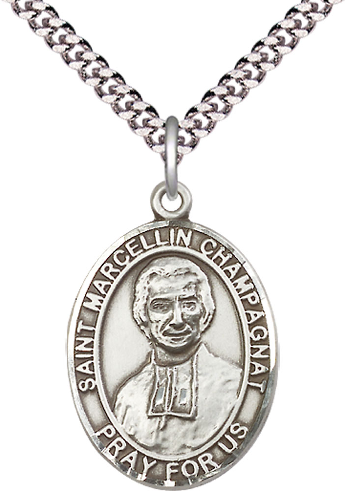 Sterling Silver Saint Marcellin Champagnat Pendant on a 24 inch Light Rhodium Heavy Curb chain
