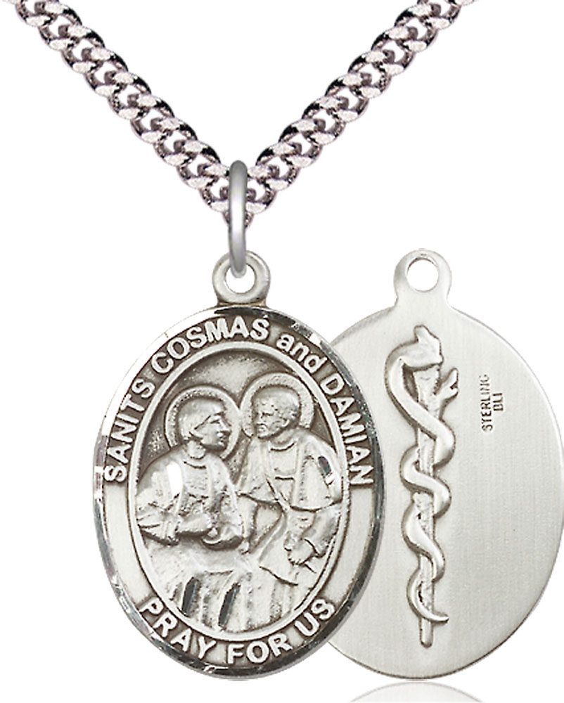Sterling Silver Saints Cosmas &amp; Damian Doctors Pendant on a 24 inch Light Rhodium Heavy Curb chain