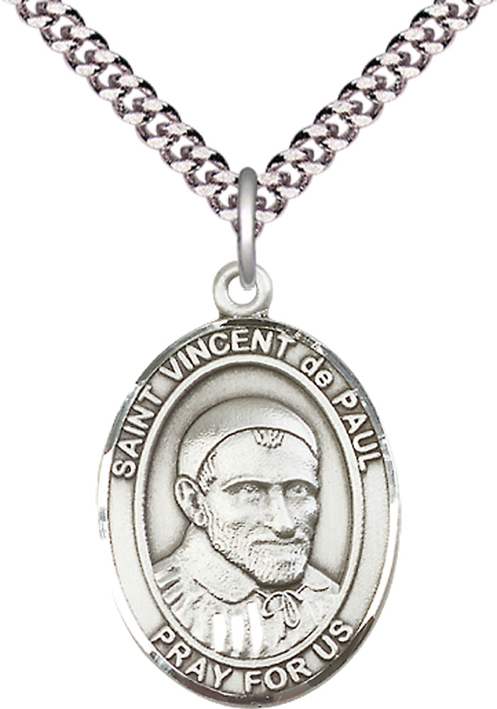 Sterling Silver Saint Vincent de Paul Pendant on a 24 inch Light Rhodium Heavy Curb chain