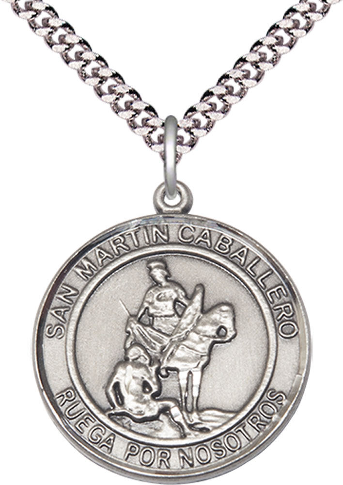 Sterling Silver San Martin Caballero Pendant on a 24 inch Light Rhodium Heavy Curb chain