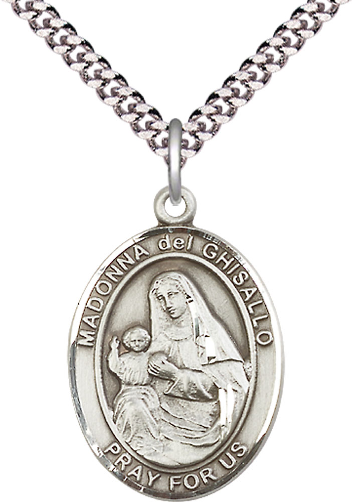 Sterling Silver Saint Madonna Del Ghisallo Pendant on a 24 inch Light Rhodium Heavy Curb chain