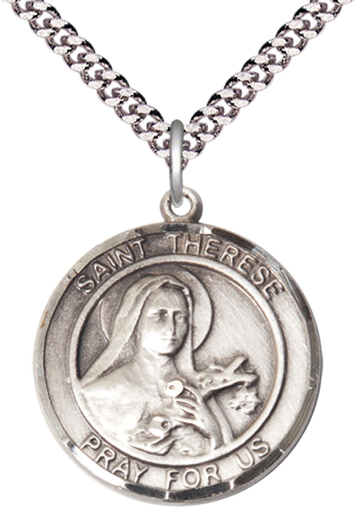 Sterling Silver Saint Therese of Lisieux Pendant on a 24 inch Light Rhodium Heavy Curb chain