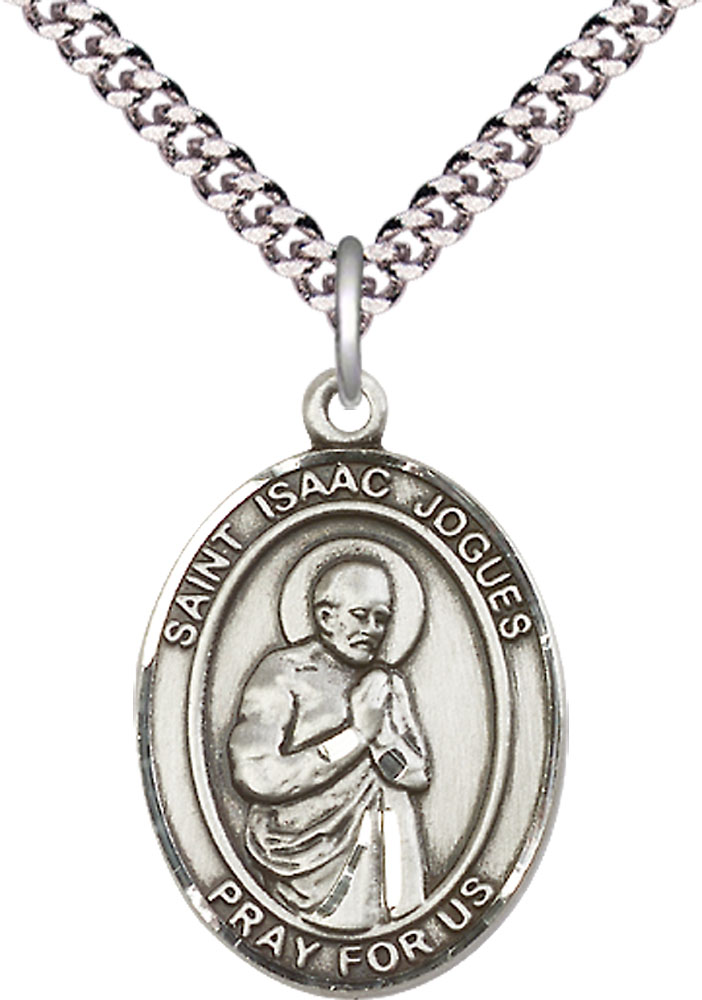 Sterling Silver Saint Isaac Jogues Pendant on a 24 inch Light Rhodium Heavy Curb chain