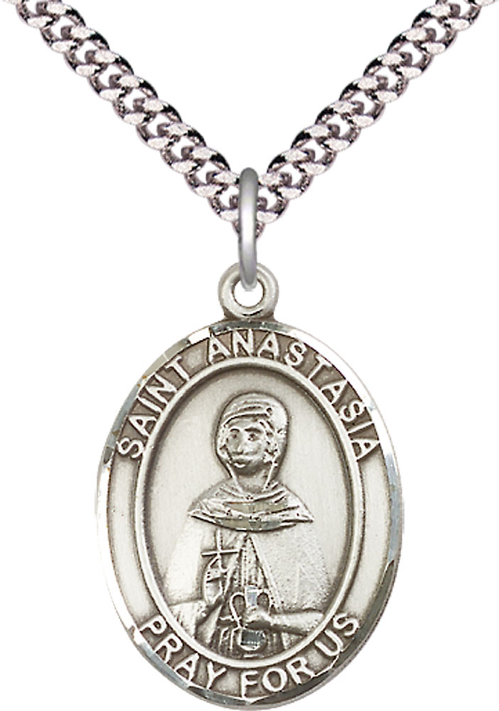 Sterling Silver Saint Anastasia Pendant on a 24 inch Light Rhodium Heavy Curb chain