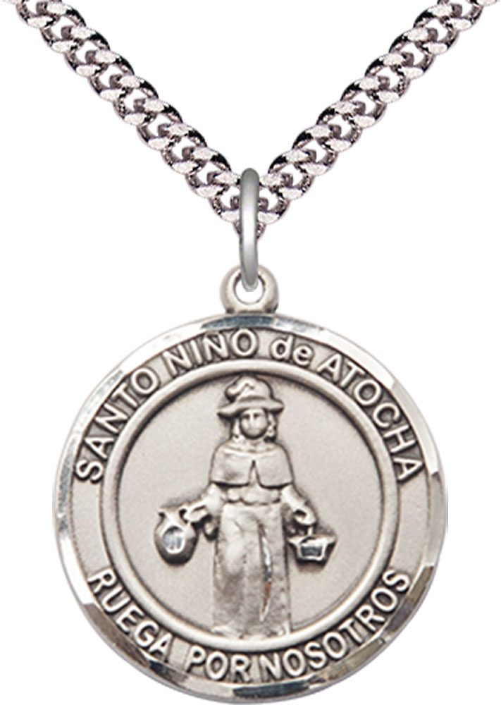 Sterling Silver Nino de Atocha Pendant on a 24 inch Light Rhodium Heavy Curb chain