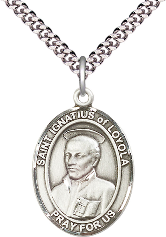 Sterling Silver Saint Ignatius of Loyola Pendant on a 24 inch Light Rhodium Heavy Curb chain