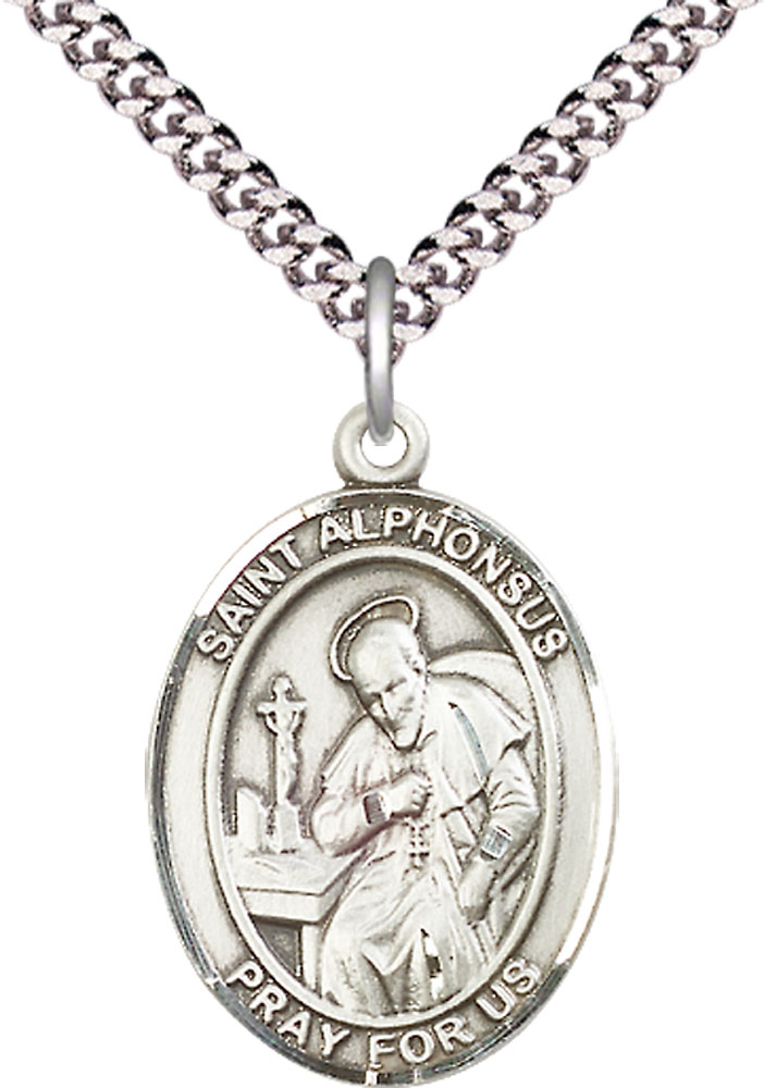 Sterling Silver Saint Alphonsus Pendant on a 24 inch Light Rhodium Heavy Curb chain