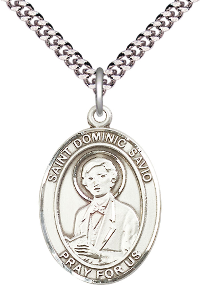 Sterling Silver Saint Dominic Savio Pendant on a 24 inch Light Rhodium Heavy Curb chain