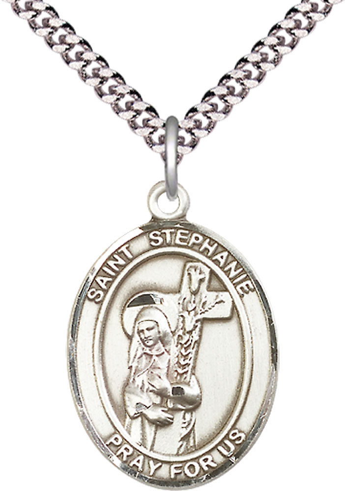 Sterling Silver Saint Stephanie Pendant on a 24 inch Light Rhodium Heavy Curb chain