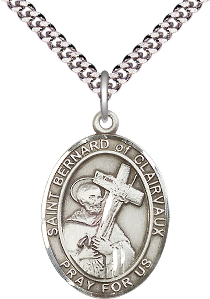 Sterling Silver Saint Bernard of Clairvaux Pendant on a 24 inch Light Rhodium Heavy Curb chain