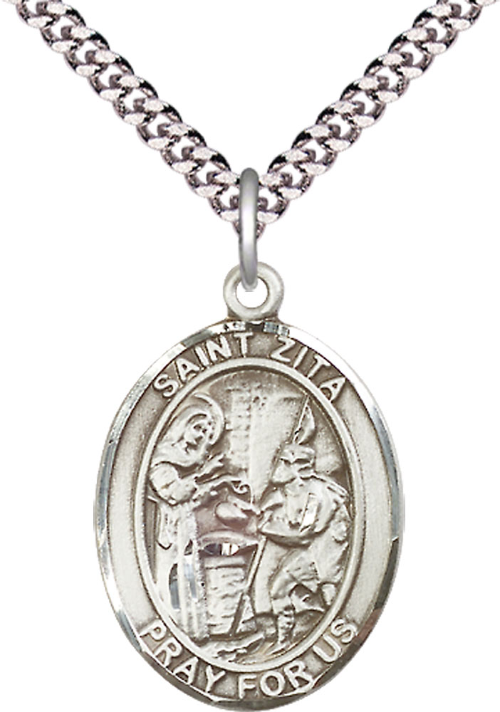 Sterling Silver Saint Zita Pendant on a 24 inch Light Rhodium Heavy Curb chain