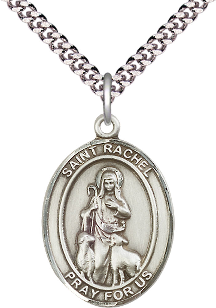 Sterling Silver Saint Rachel Pendant on a 24 inch Light Rhodium Heavy Curb chain