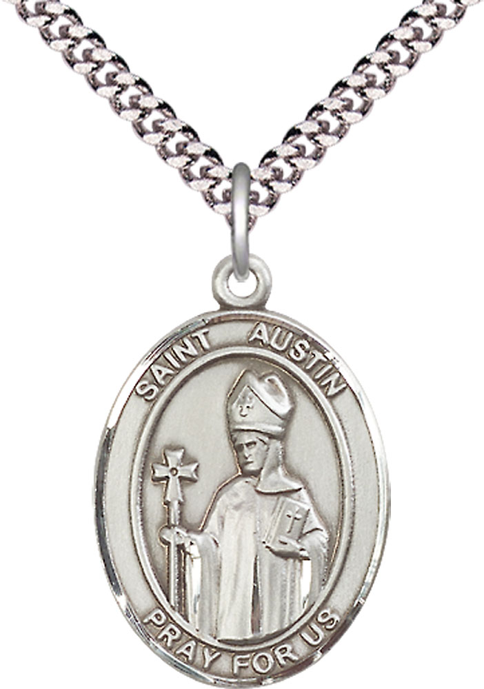 Sterling Silver Saint Austin Pendant on a 24 inch Light Rhodium Heavy Curb chain