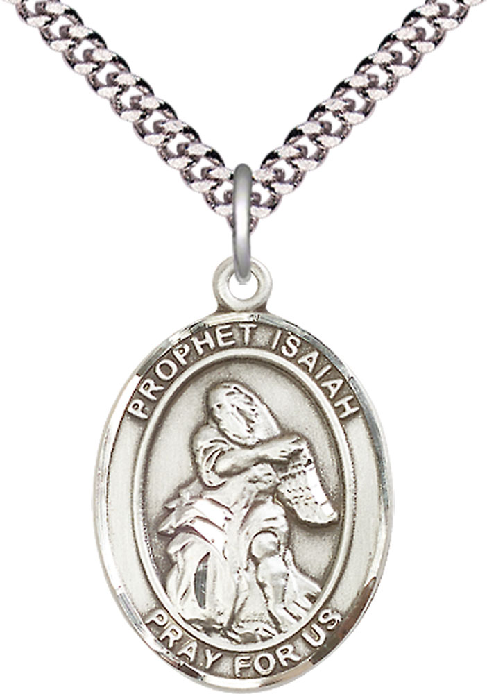 Sterling Silver Saint Isaiah Pendant on a 24 inch Light Rhodium Heavy Curb chain