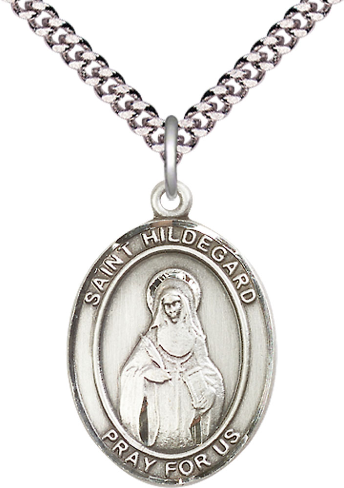 Sterling Silver Saint Hildegard von Bingen Pendant on a 24 inch Light Rhodium Heavy Curb chain