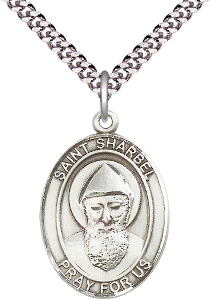Sterling Silver Saint Sharbel Pendant on a 24 inch Light Rhodium Heavy Curb chain