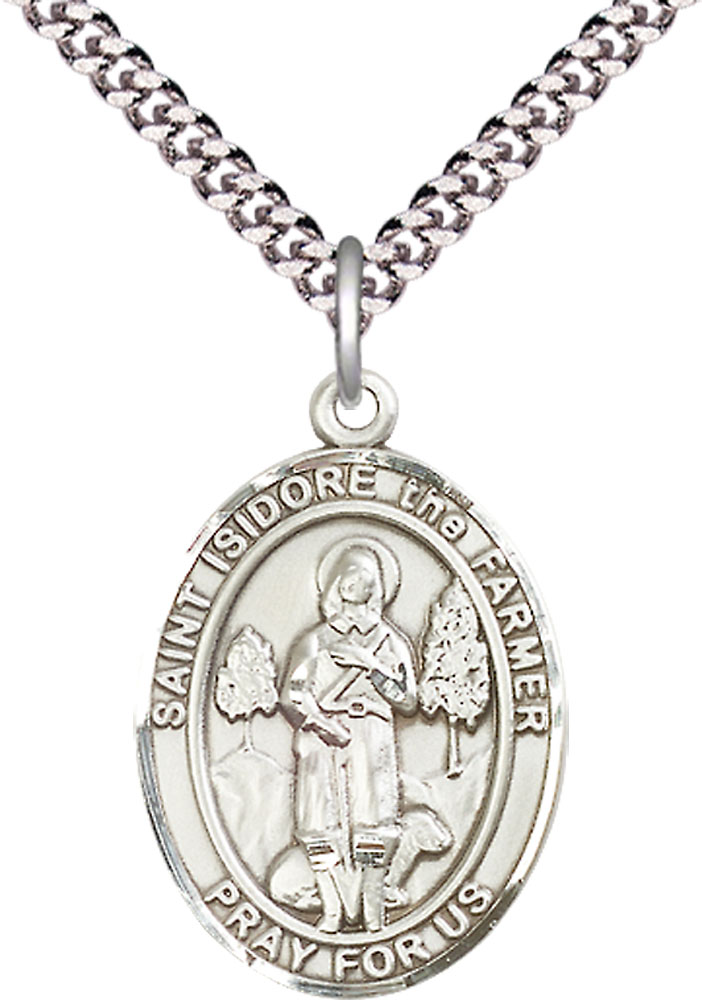 Sterling Silver Saint Isidore the Farmer Pendant on a 24 inch Light Rhodium Heavy Curb chain