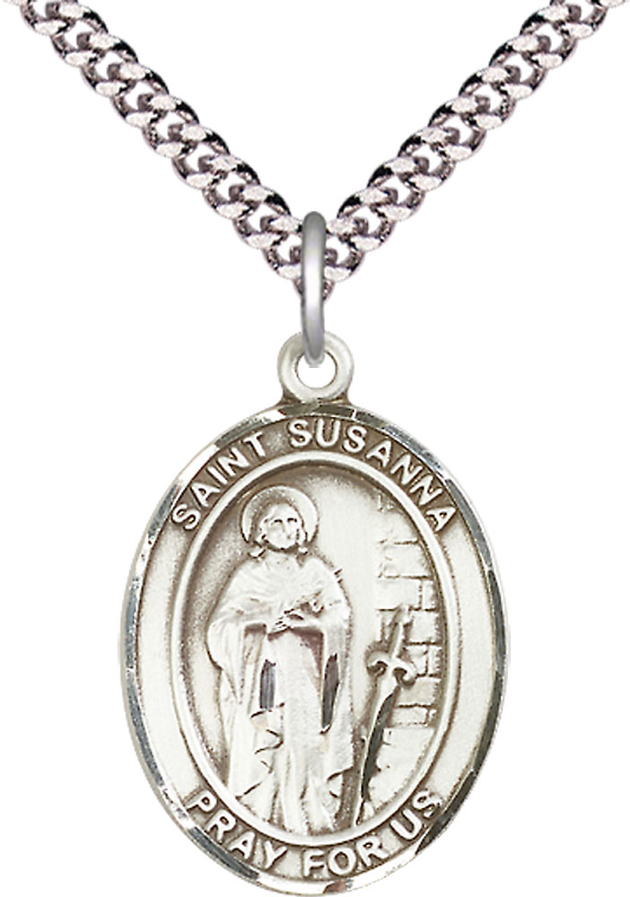 Sterling Silver Saint Susanna Pendant on a 24 inch Light Rhodium Heavy Curb chain