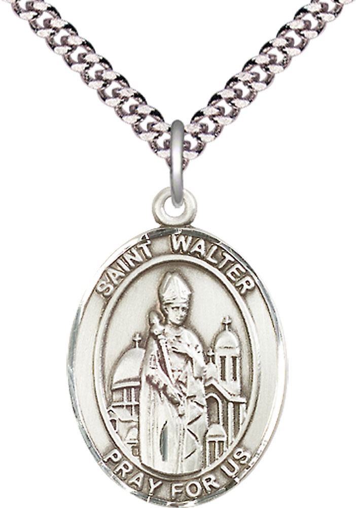 Sterling Silver Saint Walter of Pontnoise Pendant on a 24 inch Light Rhodium Heavy Curb chain
