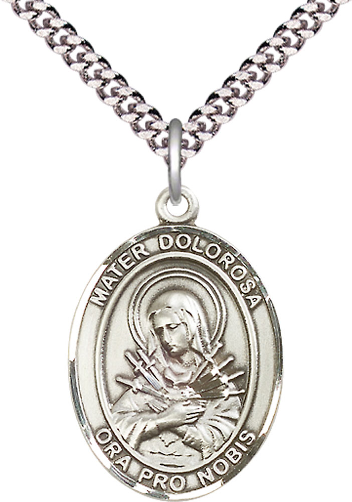 Sterling Silver Mater Dolorosa Pendant on a 24 inch Light Rhodium Heavy Curb chain
