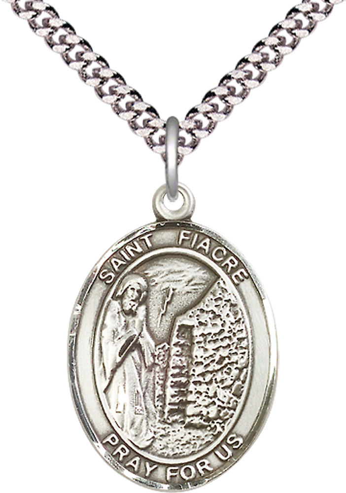 Sterling Silver Saint Fiacre Pendant on a 24 inch Light Rhodium Heavy Curb chain